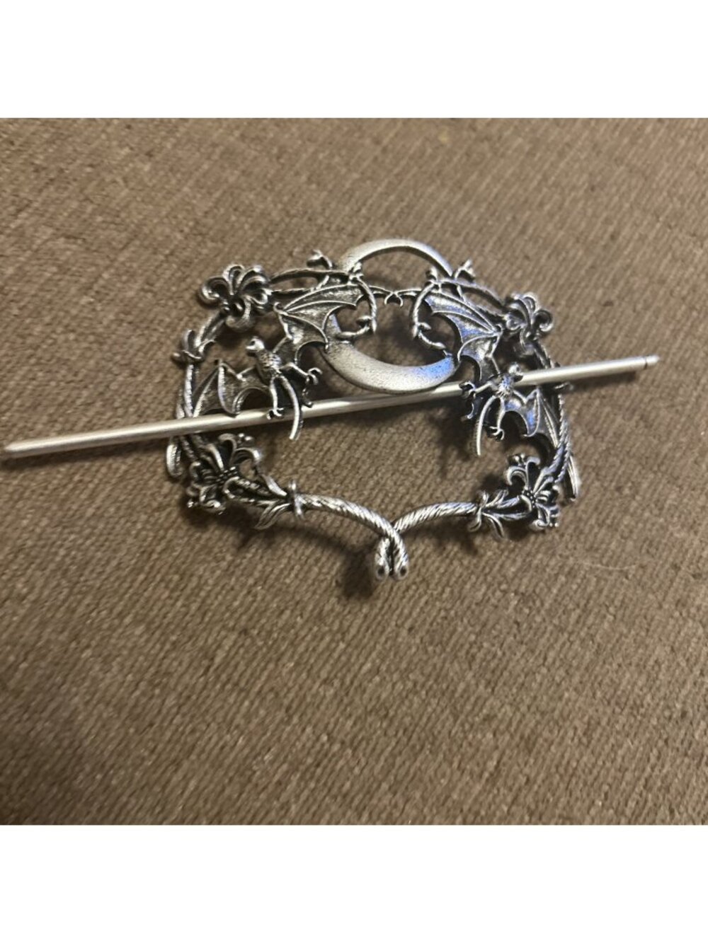 Bat & Moon Hair Pin Silver Color Metal Hair Accessory Goth Skater Metal Rod Pin